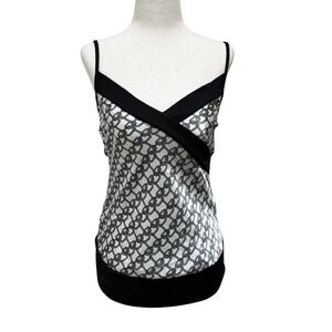 Y2K Papaya Womens Black White Chain Link Print V-Neck Satin Cami Ribbed Hem Top